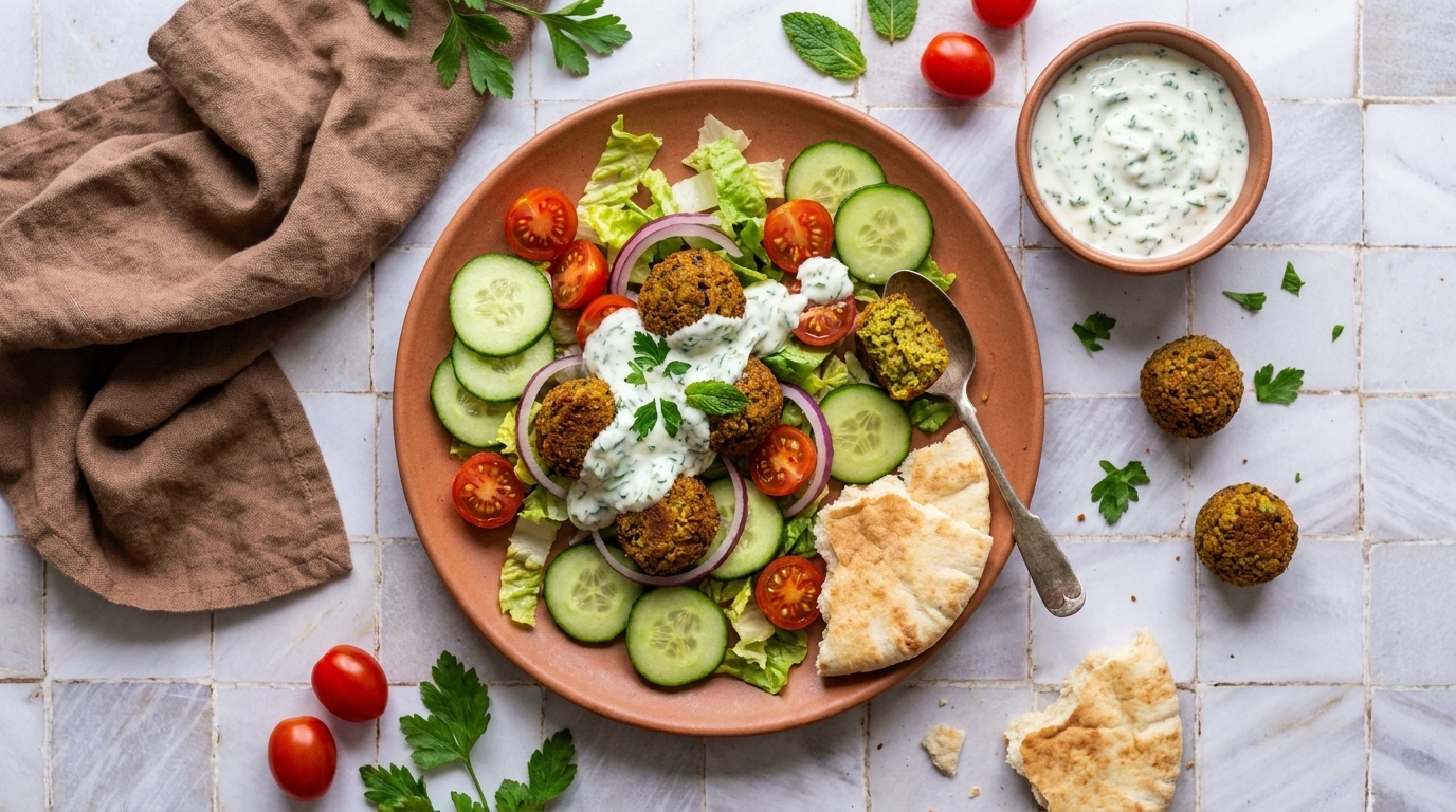 Teller mit Falafelbällchen auf grünem Salat, garniert mit Gurkenscheiben, halbierten Kirschtomaten, frischen Kräutern, Joghurtdip (Tzatziki) und Pita-Stücken.