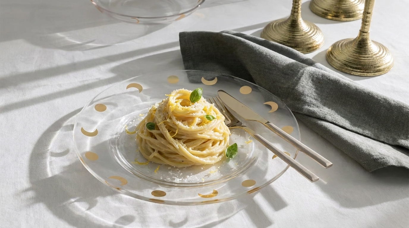 Teller mit einem Nest Spaghetti, garniert mit Basilikumblättern und geriebenem Käse auf transparenter Glasplatte; Besteck liegt daneben auf weißem Tisch.