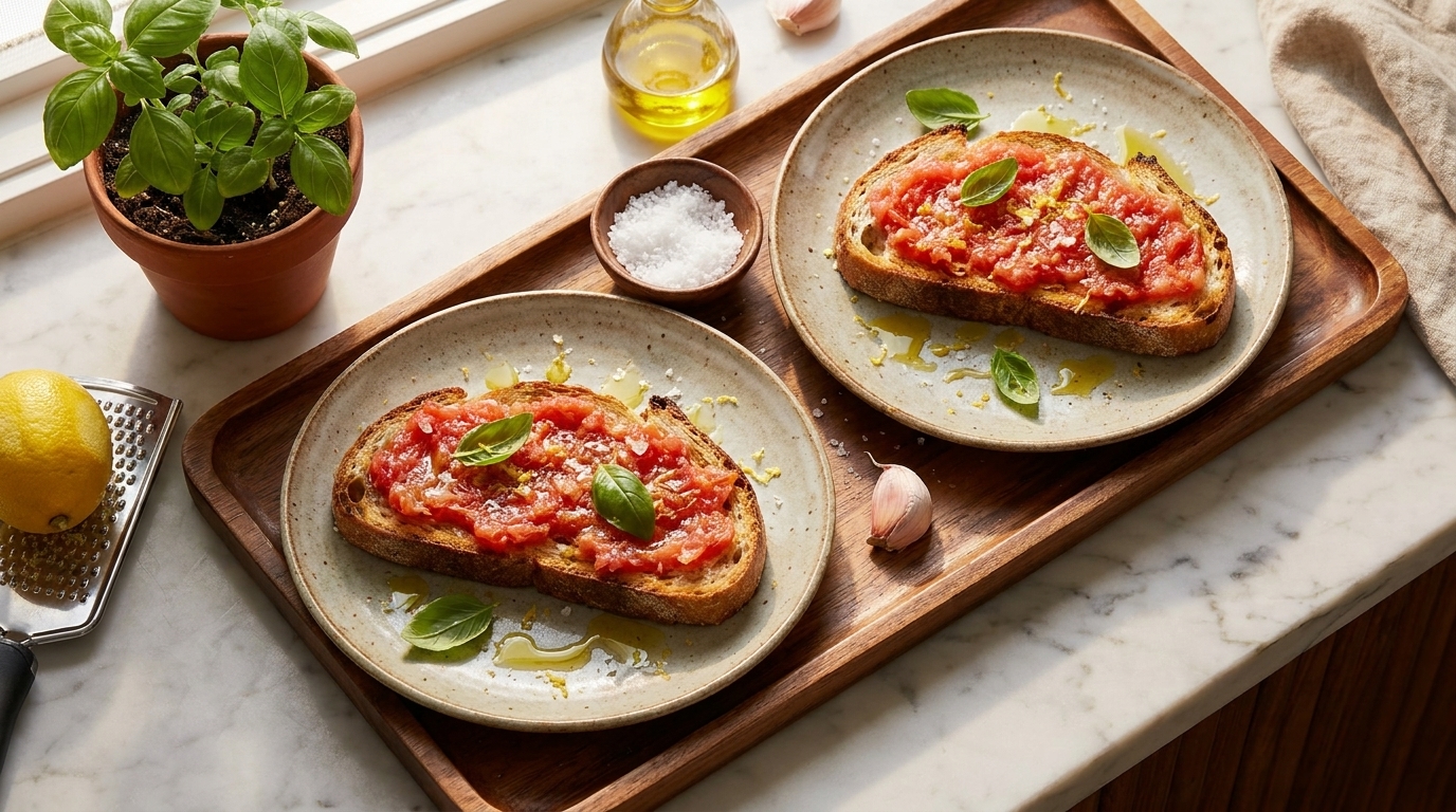 Zwei Teller mit gerösteten Brotscheiben, belegt mit gehackten Tomaten, frischem Basilikum und Olivenöl auf einem Holztablett.