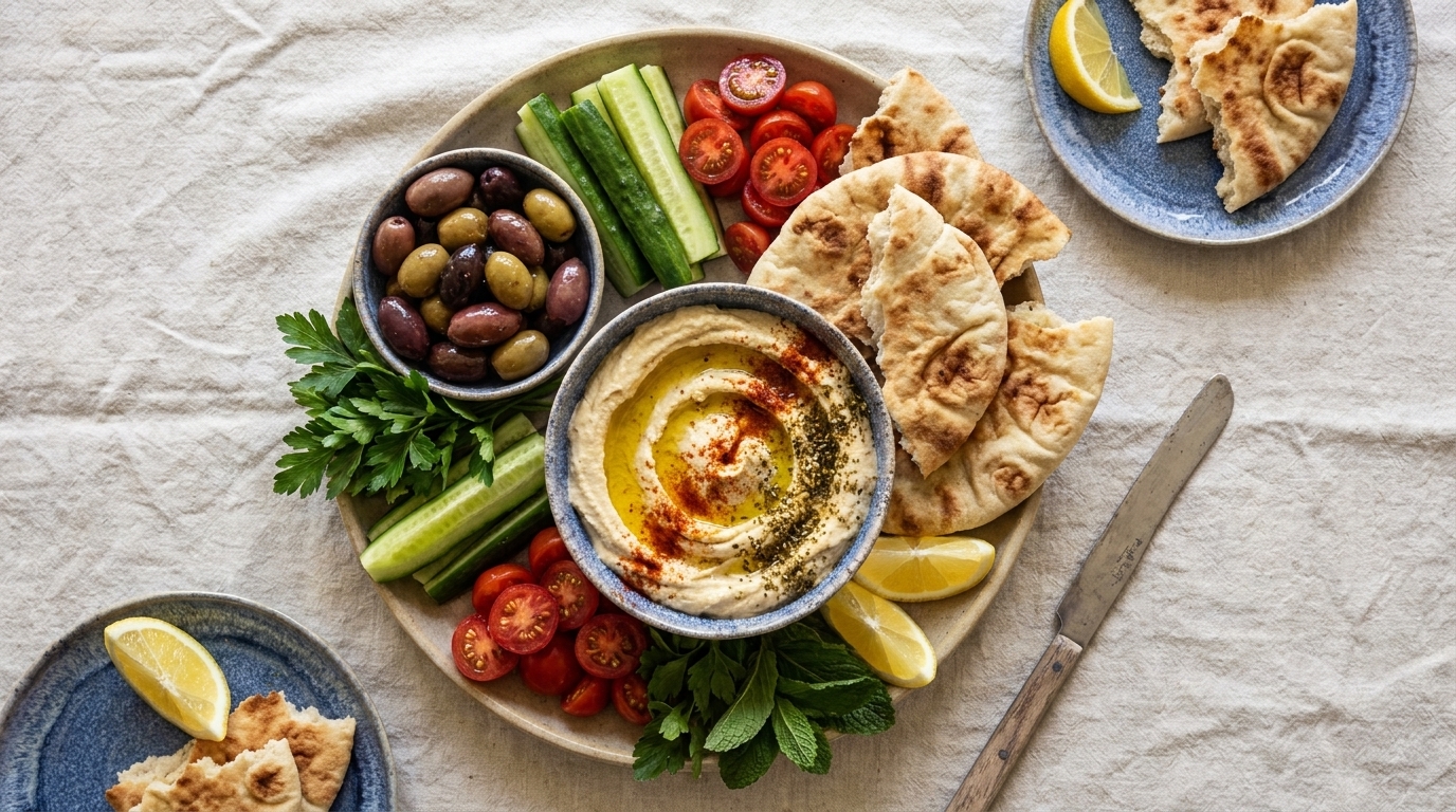 Mediterrane Vorspeisenplatte mit Hummus in einer Schale, beträufelt mit Olivenöl und Paprika, umgeben von Fladenbrot, Gurkenstiften, Kirschtomaten, gemischten Oliven, Zitronenspalten und frischer Petersilie.