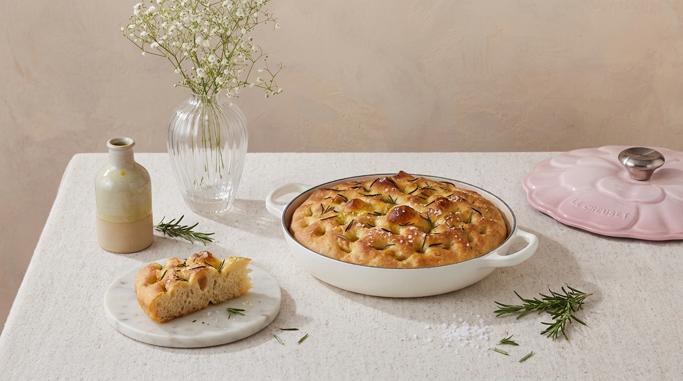 Frisch gebackene goldbraune Focaccia mit Rosmarin in einer weißen Auflaufform; eine Scheibe auf einem kleinen Teller daneben.