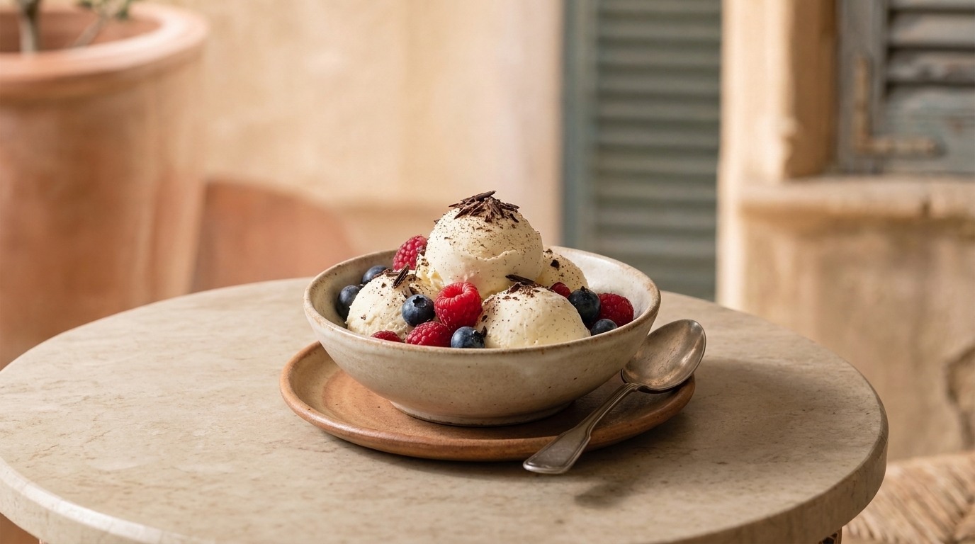 Schale mit mehreren Kugeln Vanilleeis, bestreut mit Schokoladenraspeln und garniert mit Himbeeren und Blaubeeren, auf einem Unterteller mit Löffel.