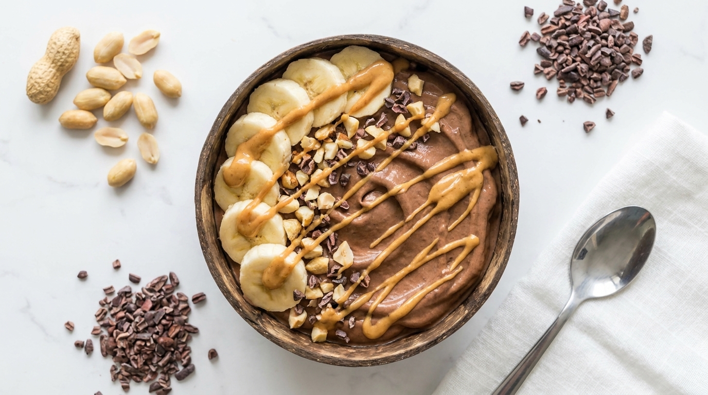 Schüssel mit schokoladiger Smoothie-Bowl, garniert mit Bananenscheiben, Erdnussbutter‑Streifen, gehackten Erdnüssen und Kakaonibs.