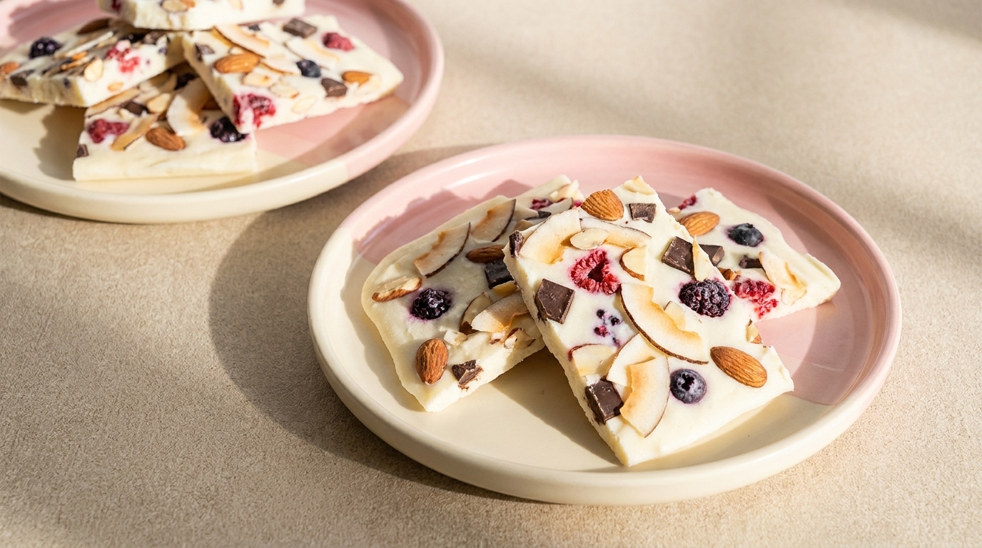 Zwei Pastellteller mit Stücken weißer Schokoladen-Bark, belegt mit Mandeln, getrockneten Beeren, Kokoschips und dunklen Schokoladenstücken.