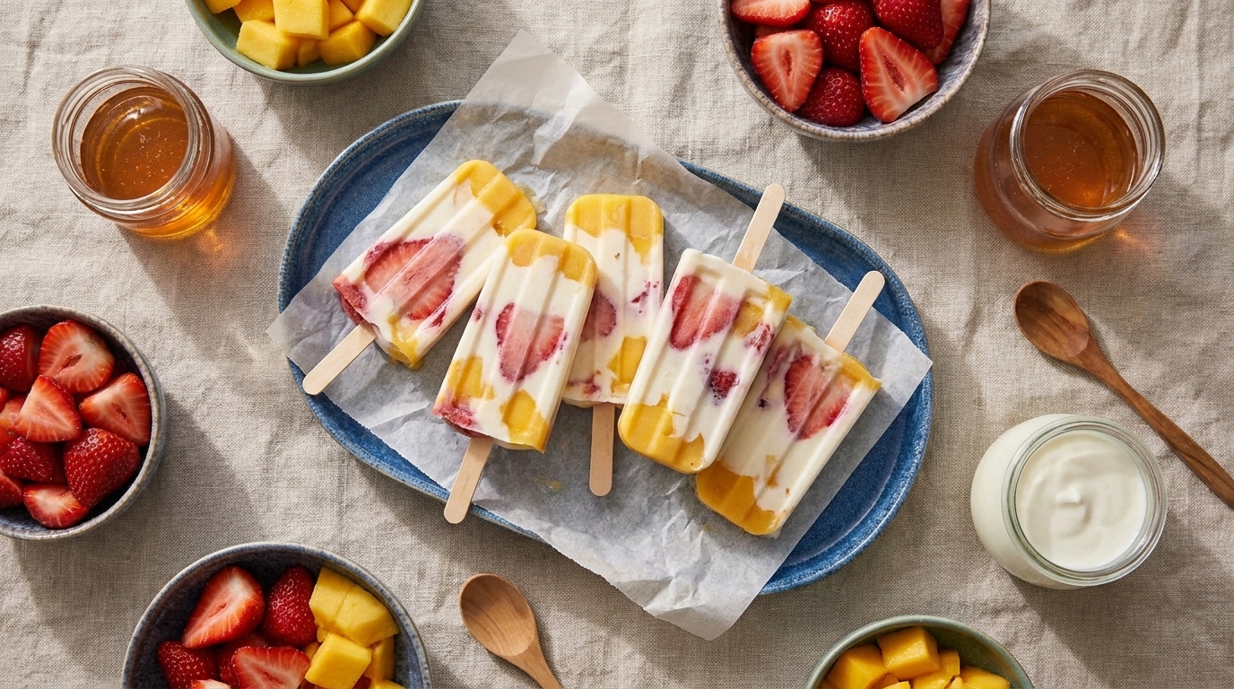Vier Joghurt-Eis am Stiel mit Erdbeer- und Mangostücken auf einem Teller, umgeben von Schalen mit Erdbeeren, Mango, Honig und einem Becher Joghurt.