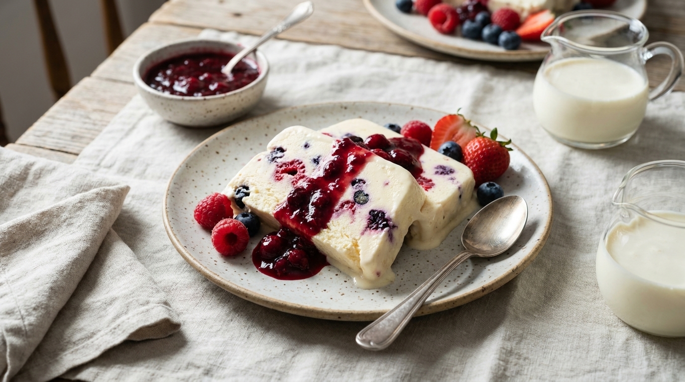 Zwei Scheiben Vanille‑Semifreddo auf einem Teller, beträufelt mit rotem Beerenkompott und garniert mit Erdbeeren, Himbeeren und Blaubeeren; ein Löffel liegt daneben.