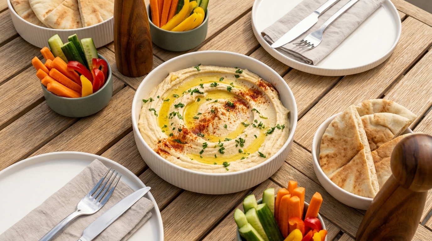 Schale mit cremigem Hummus, garniert mit Olivenöl, Paprika und Petersilie, umgeben von Fladenbrot und Gemüsesticks.