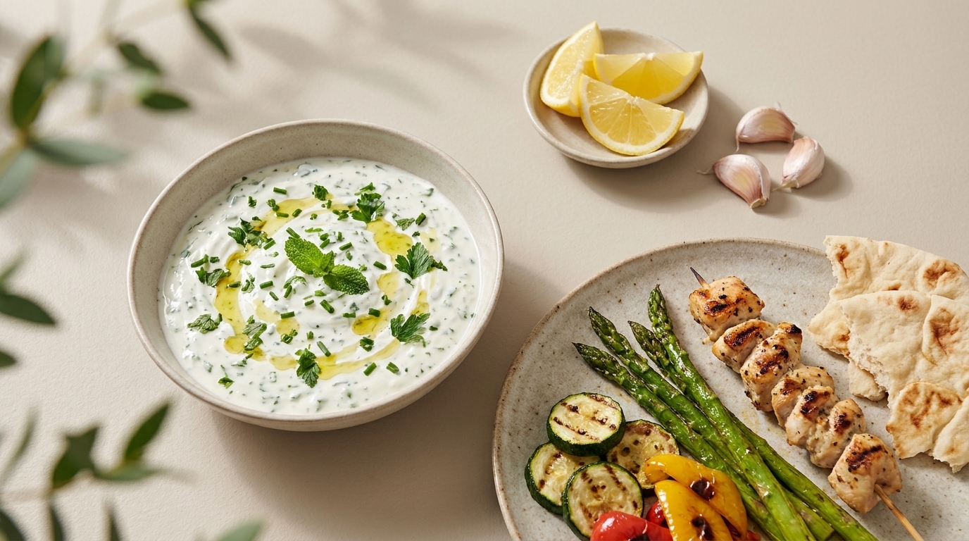 Schale mit cremigem Kräuter‑Joghurt‑Dip, mit Olivenöl und gehackten Kräutern, daneben Teller mit gegrillten Hühnchenspießen, grünem Spargel, gegrilltem Gemüse und Fladenbrot; Zitronenspalten und Knoblauch.