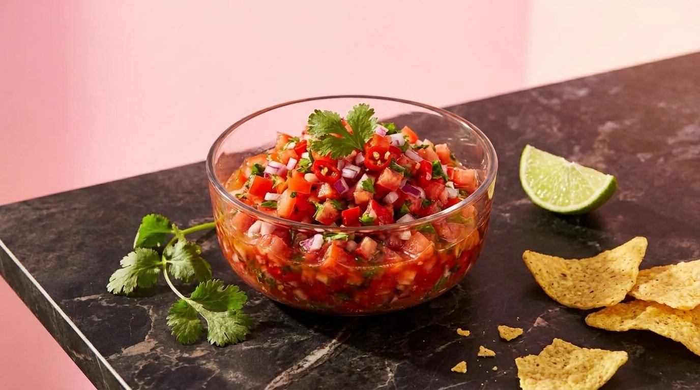 Gläserne Schale mit frischer Tomaten‑Salsa (gehackte Tomaten, Zwiebeln, Koriander, Chili), daneben Limettenviertel und Tortilla‑Chips auf dunkler Oberfläche.