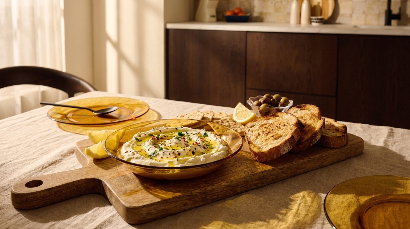 Holzbrett mit einer Schale cremigem Dip, Zitronenscheiben, getoasteten Brotscheiben und einer kleinen Schale Oliven auf einem gedeckten Tisch in heller Küche.