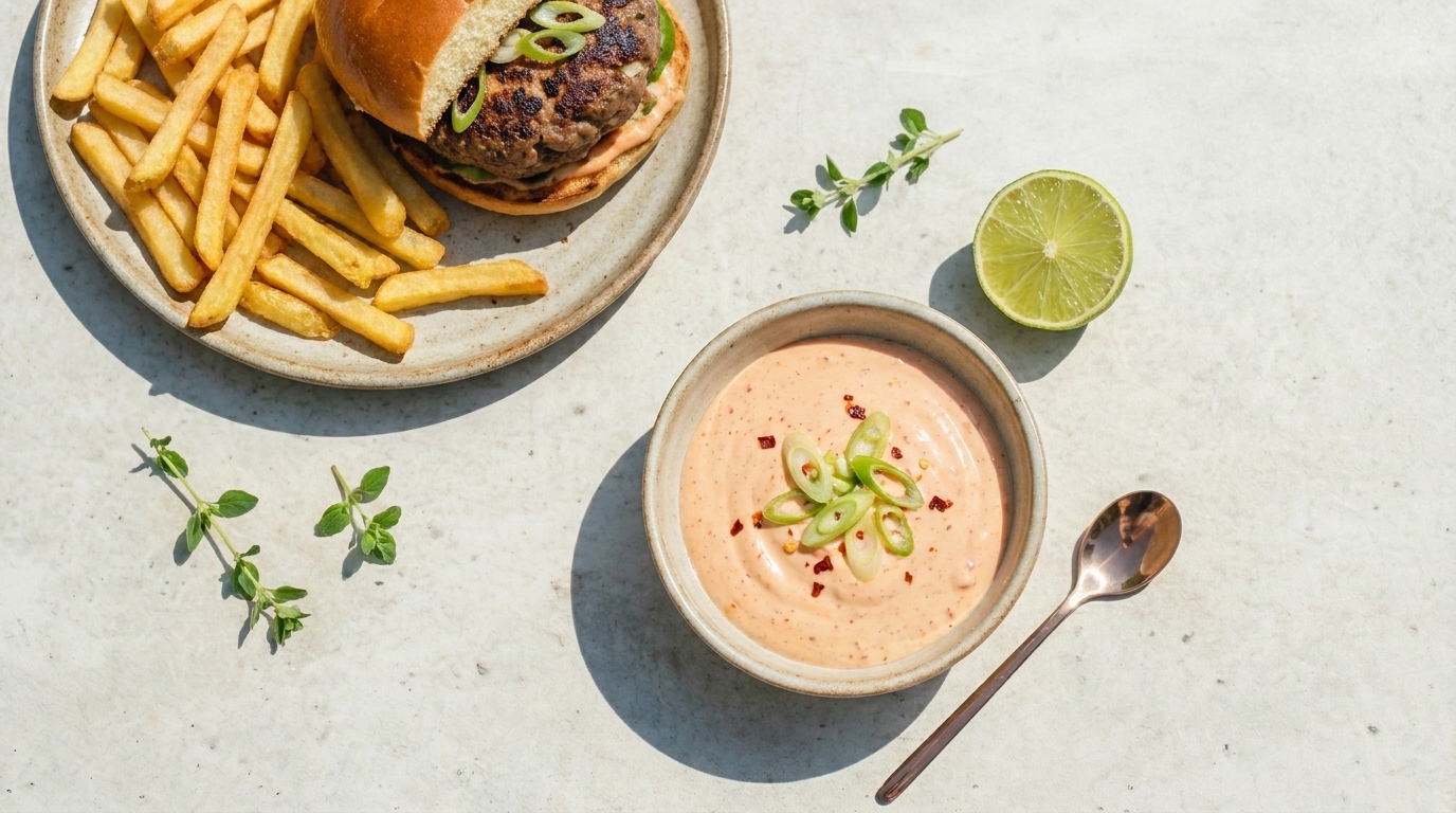 Teller mit Burger und Pommes neben einer Schale cremigen Dips, garniert mit Frühlingszwiebeln und Chiliflocken; daneben eine halbierte Limette und ein Löffel.