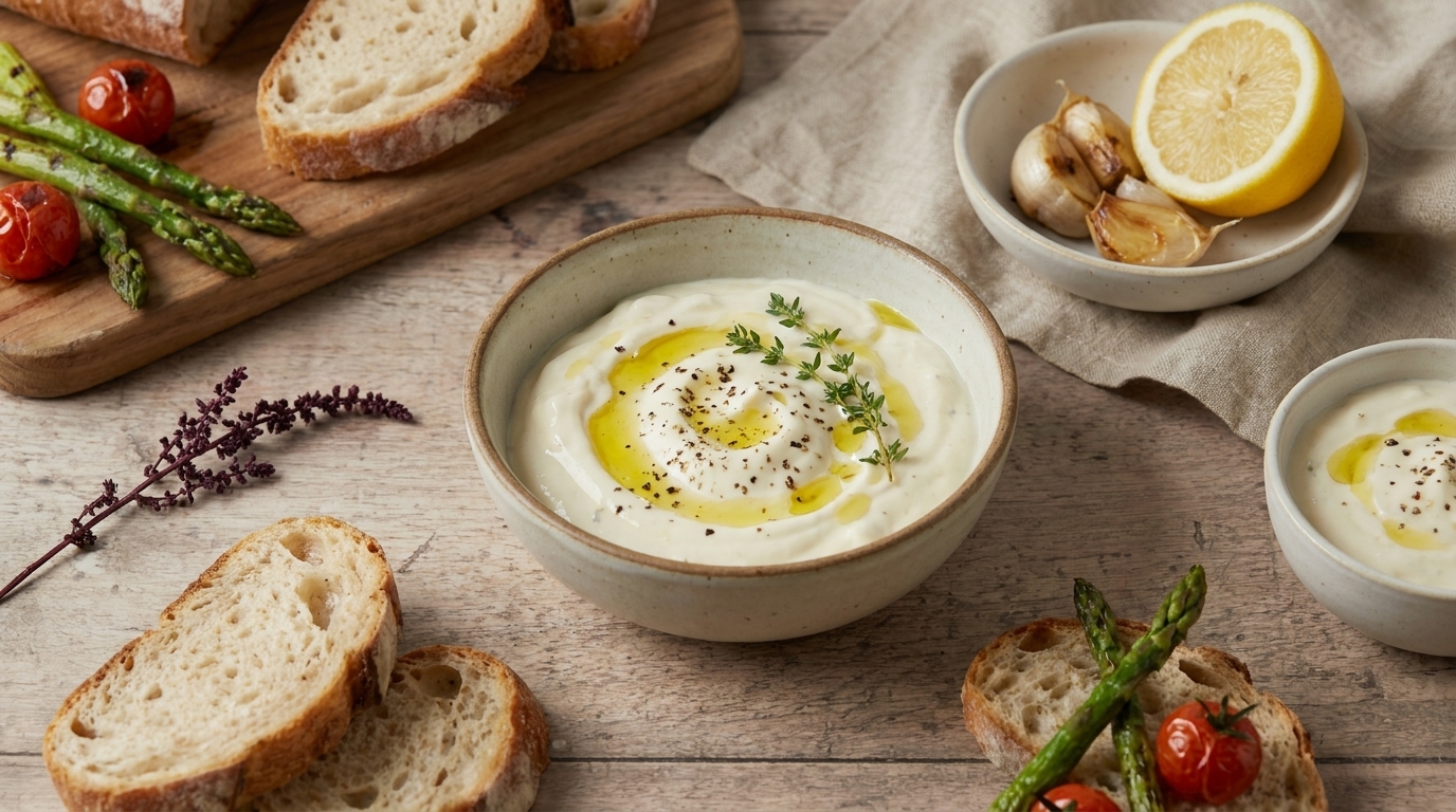 Schale mit cremigem Joghurt-Dip (Labneh), beträufelt mit Olivenöl, Kräutern und Pfeffer, umgeben von rustikalem Brot, gegrilltem Spargel, Kirschtomaten, Zitrone und Knoblauch.