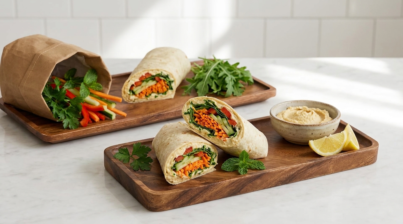 Zwei aufgeschnittene Gemüse-Wraps auf einem Holzbrett, gefüllt mit Karottenstreifen, Blattsalat und Paprika; daneben eine Schale Hummus, Zitronenscheiben und frische Kräuter. Im Hintergrund ein zweiter Wrap und lose Gemüsesticks.
