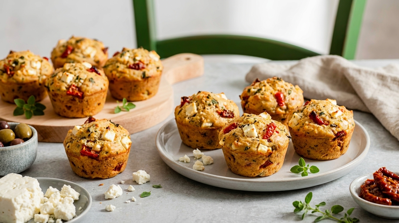 Herzhafte Muffins mit Feta und getrockneten Tomaten auf Tellern und Holzbrett, garniert mit frischen Kräutern; daneben zerbröselter Feta und kleine Schalen mit Oliven und Tomaten.