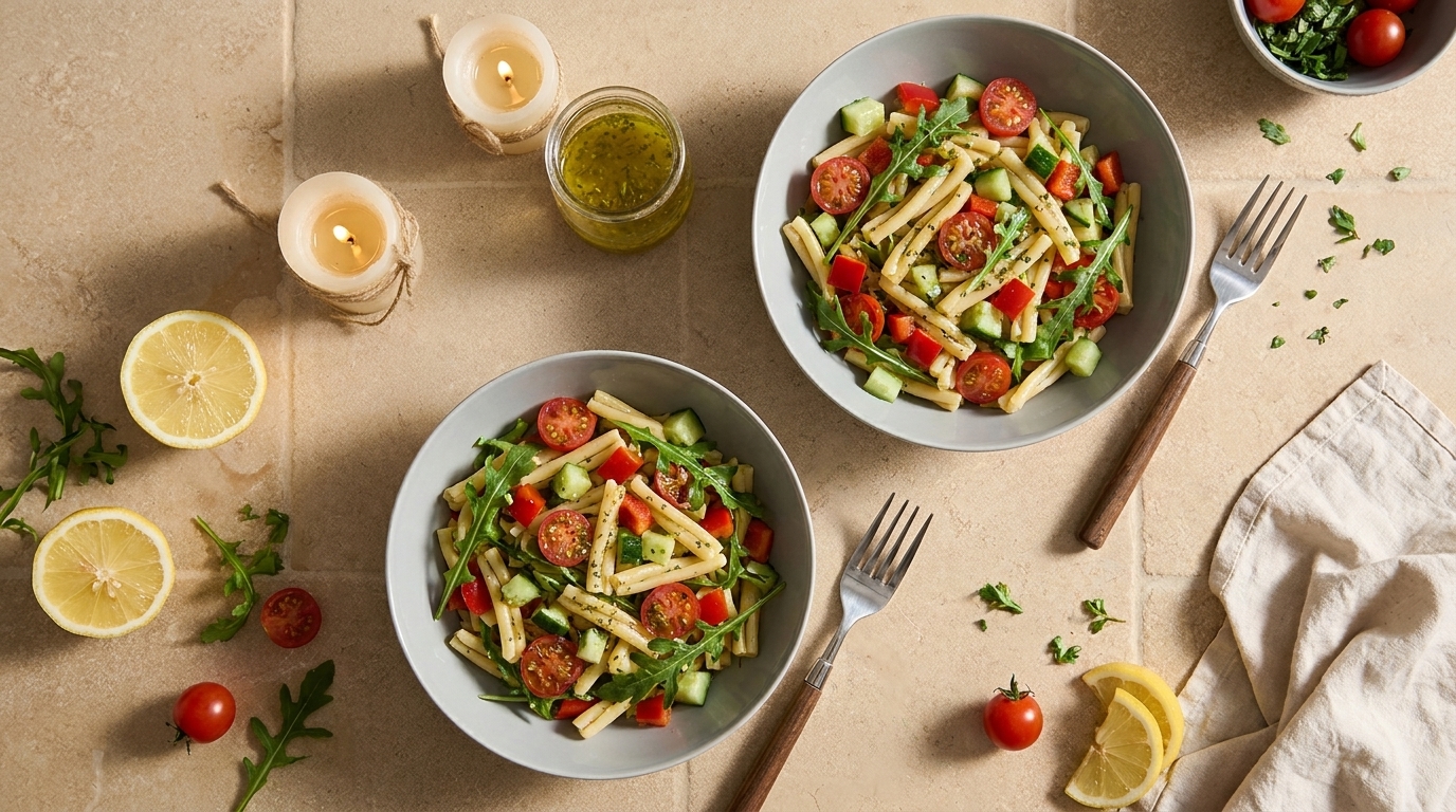 Zwei Schalen Nudelsalat mit Penne, Kirschtomaten, gewürfelter Gurke und Rucola, mit frischen Kräutern garniert.