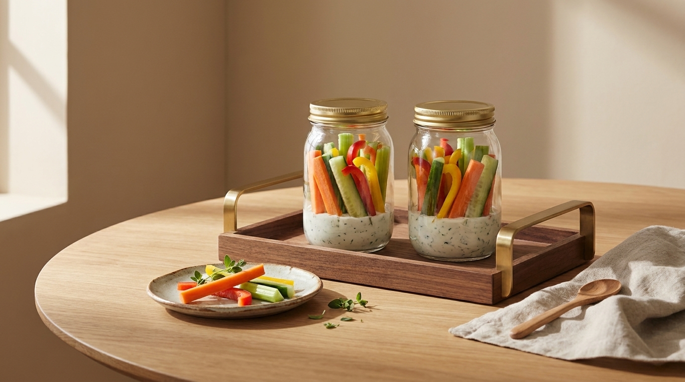 Zwei Einmachgläser mit Gemüse-Sticks (Karotte, Gurke, Paprika, Sellerie) über cremigem Dip auf einem Holztablett; daneben ein kleiner Teller mit Gemüsesticks und Kräutern auf rundem Holztisch.
