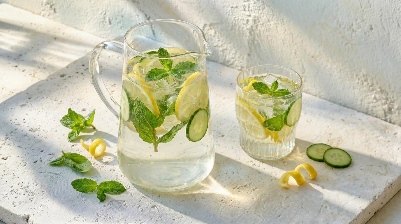 Krug und Glas mit erfrischendem Wasser, gefüllt mit Zitronenscheiben, Gurkenscheiben und frischer Minze, auf hellem Untergrund.