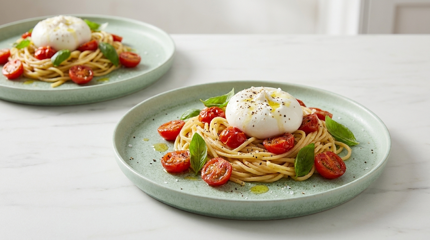 Vordergrund: Teller mit Spaghetti, halbierten Kirschtomaten, Basilikumblättern, Olivenöl und einer Burrata‑Kugel, mit schwarzem Pfeffer bestreut.