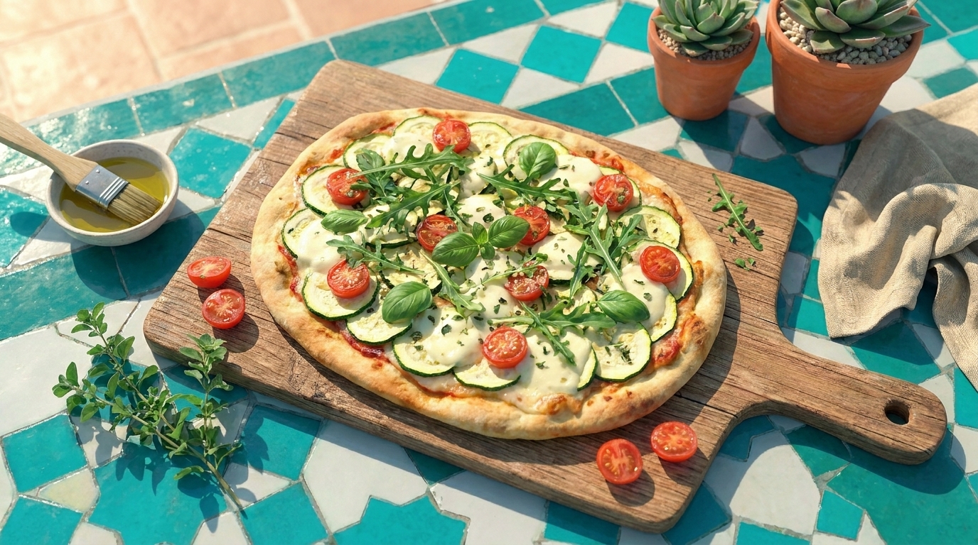Frisch gebackene Pizza auf einem Holzbrett, belegt mit Zucchinischeiben, halbierten Cherrytomaten, Basilikum und Rucola.