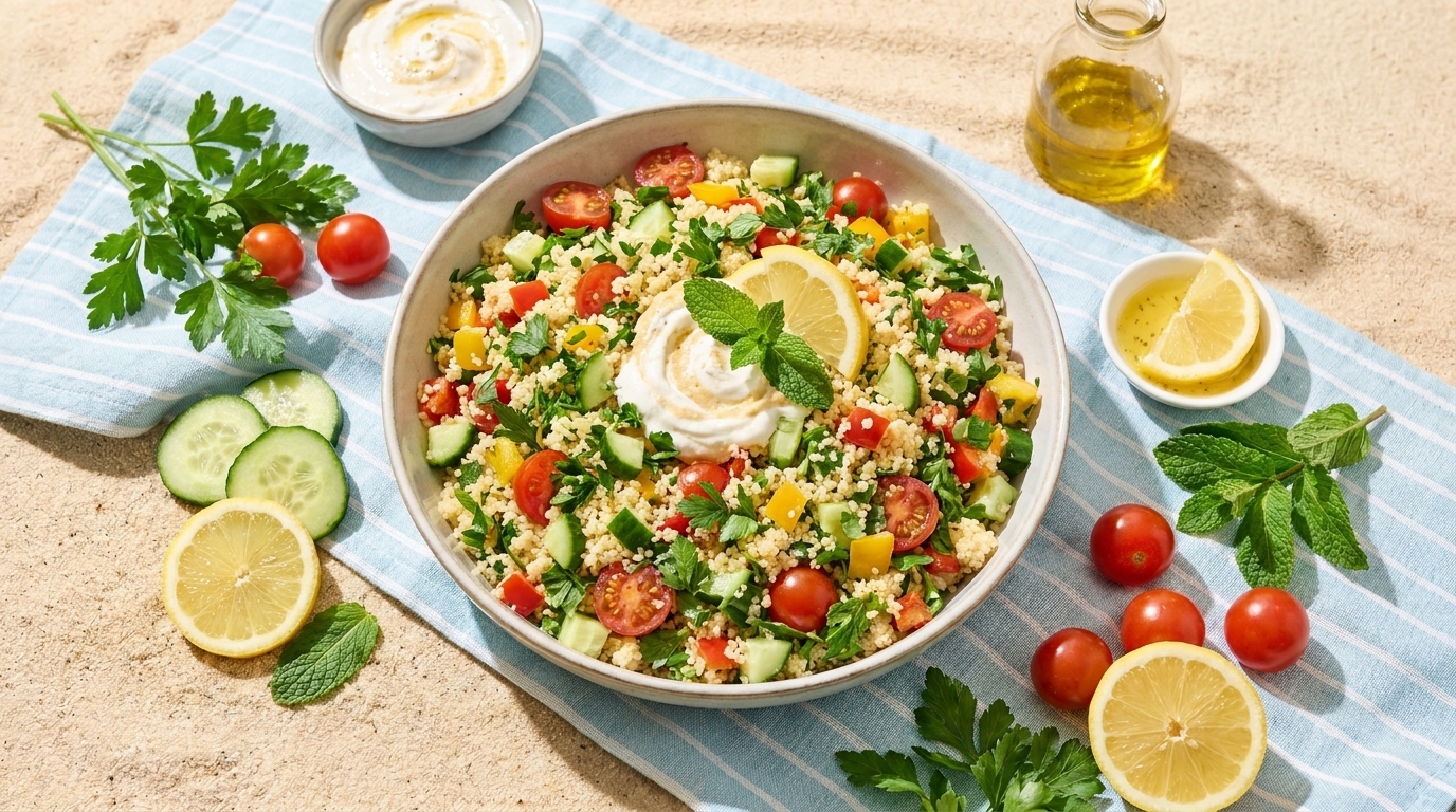 Schüssel frischer Couscoussalat mit gehackter Gurke, Kirschtomaten, gelber Paprika, Petersilie und Minze, garniert mit Zitronenscheiben und einem Joghurt-Dip.