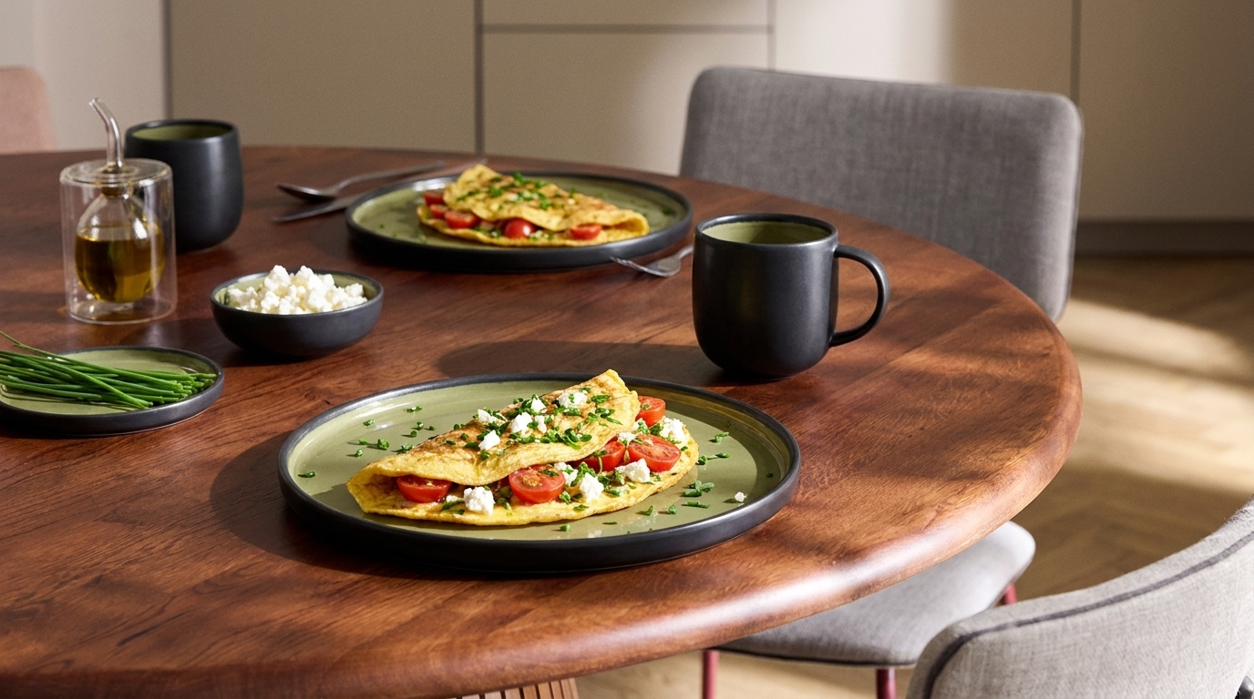 Zwei Teller mit gefalteten Omeletts, gefüllt mit Tomaten, Kräutern und Feta, auf einem runden Holztisch; daneben zwei Tassen und kleine Schalen mit Kräutern und Öl.