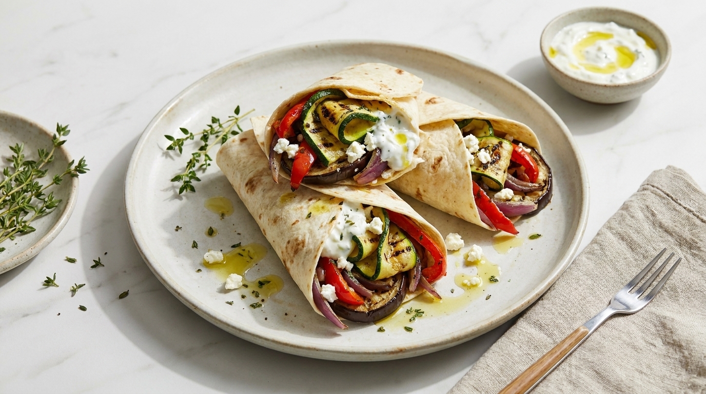 Zwei gefüllte Tortilla‑Wraps auf Teller mit gegrillter Zucchini, roten Paprika, Zwiebeln, Feta und Joghurtsauce; daneben kleine Schale mit Sauce und Kräuter.
