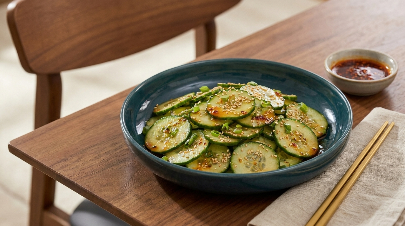 Schale mit dünn geschnittenen Gurkenscheiben, gewürzt mit geröstetem Sesam und würzigem Dressing, dazu kleine Schale mit Sauce.