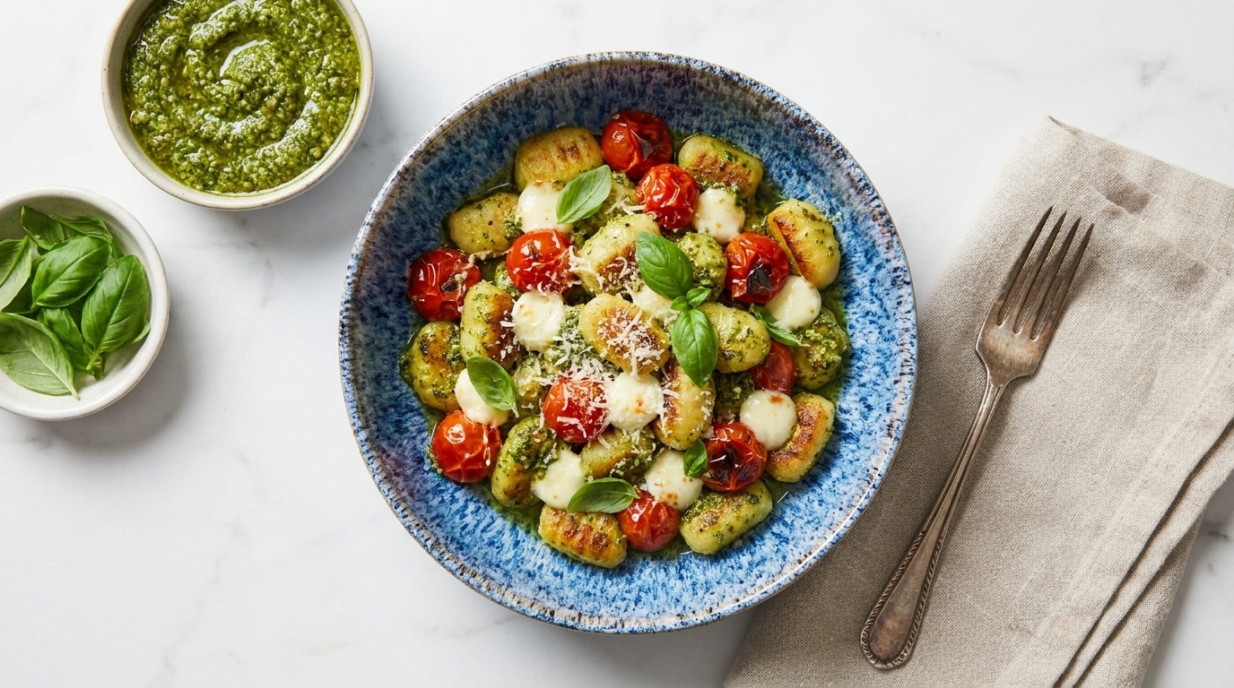 Blaue Schüssel mit gebratenen Gnocchi in Pesto, gerösteten Kirschtomaten, kleinen Mozzarellabällchen, frischem Basilikum und geriebenem Parmesan.