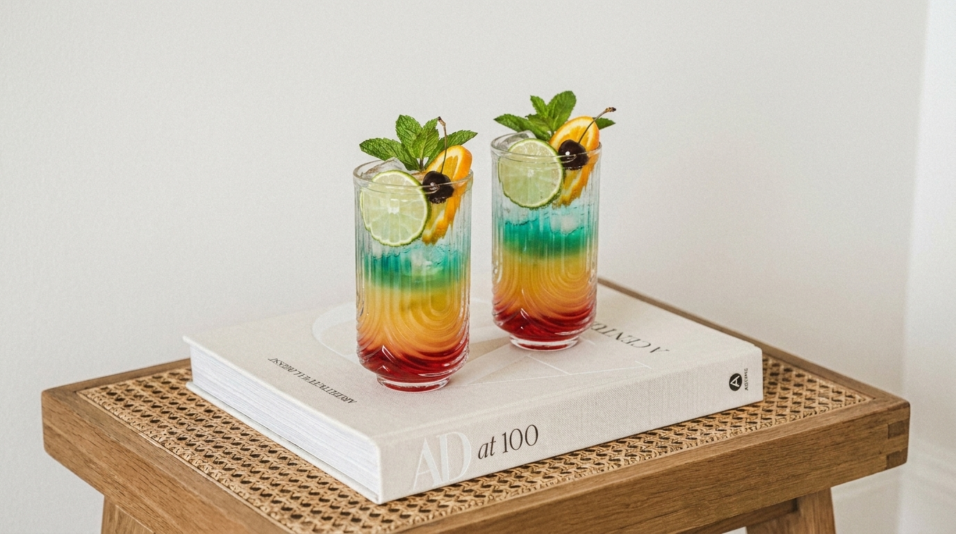 Zwei mehrschichtige Regenbogen-Cocktails in hohen Gläsern, garniert mit Limettenscheiben und Minze, stehen auf einem weißen Buch auf einem geflochtenen Holzschemel.