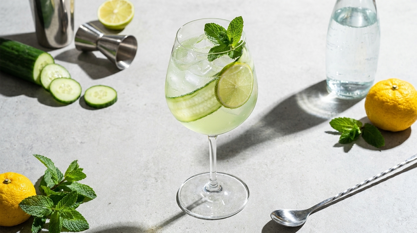 Ein erfrischendes, eisgefülltes Cocktailglas mit hellgrünem Getränk, garniert mit Gurkenscheibe, Limettenscheibe und Minzblättern; daneben Gurke, Zitronen und Minzstängel.