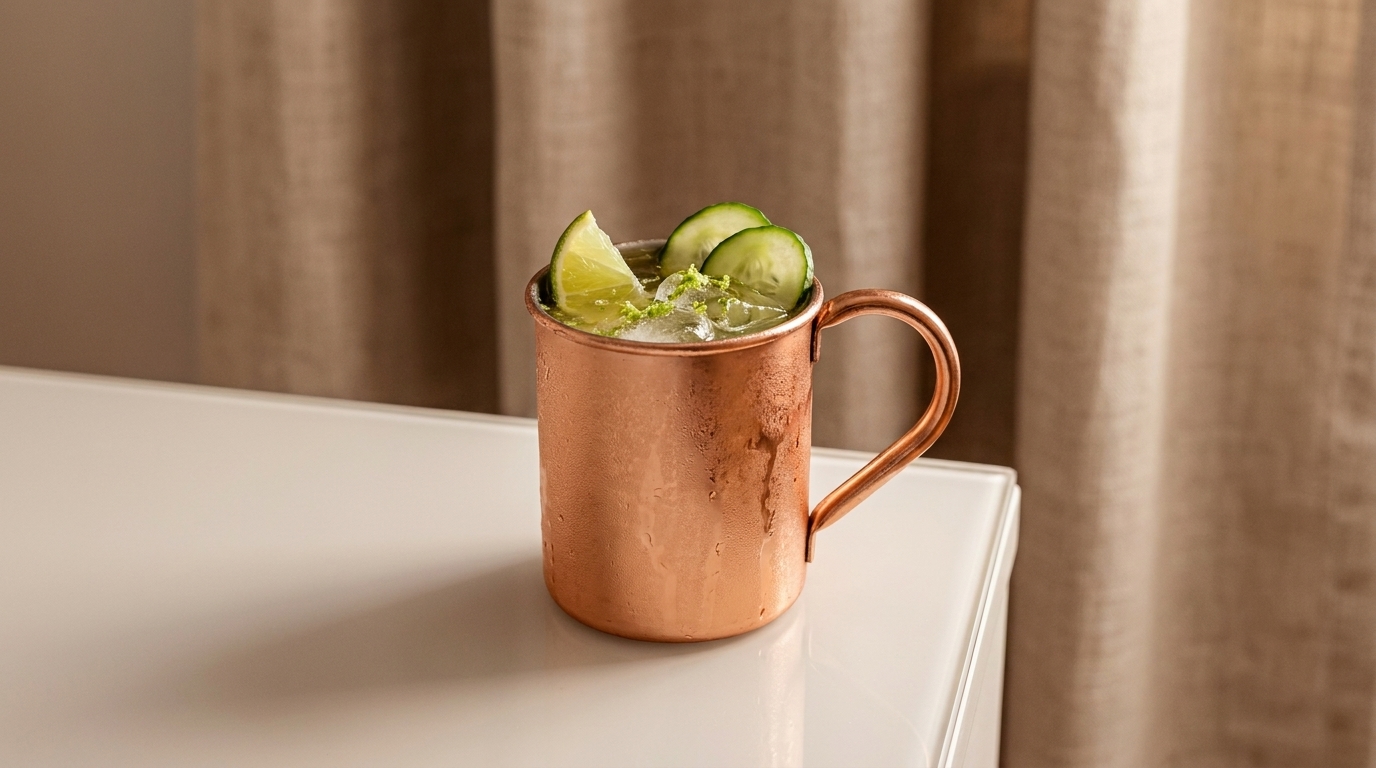 Kupferner Becher mit zerstoßenem Eis und Limetten- sowie Gurkenscheiben als Cocktailgarnitur.
