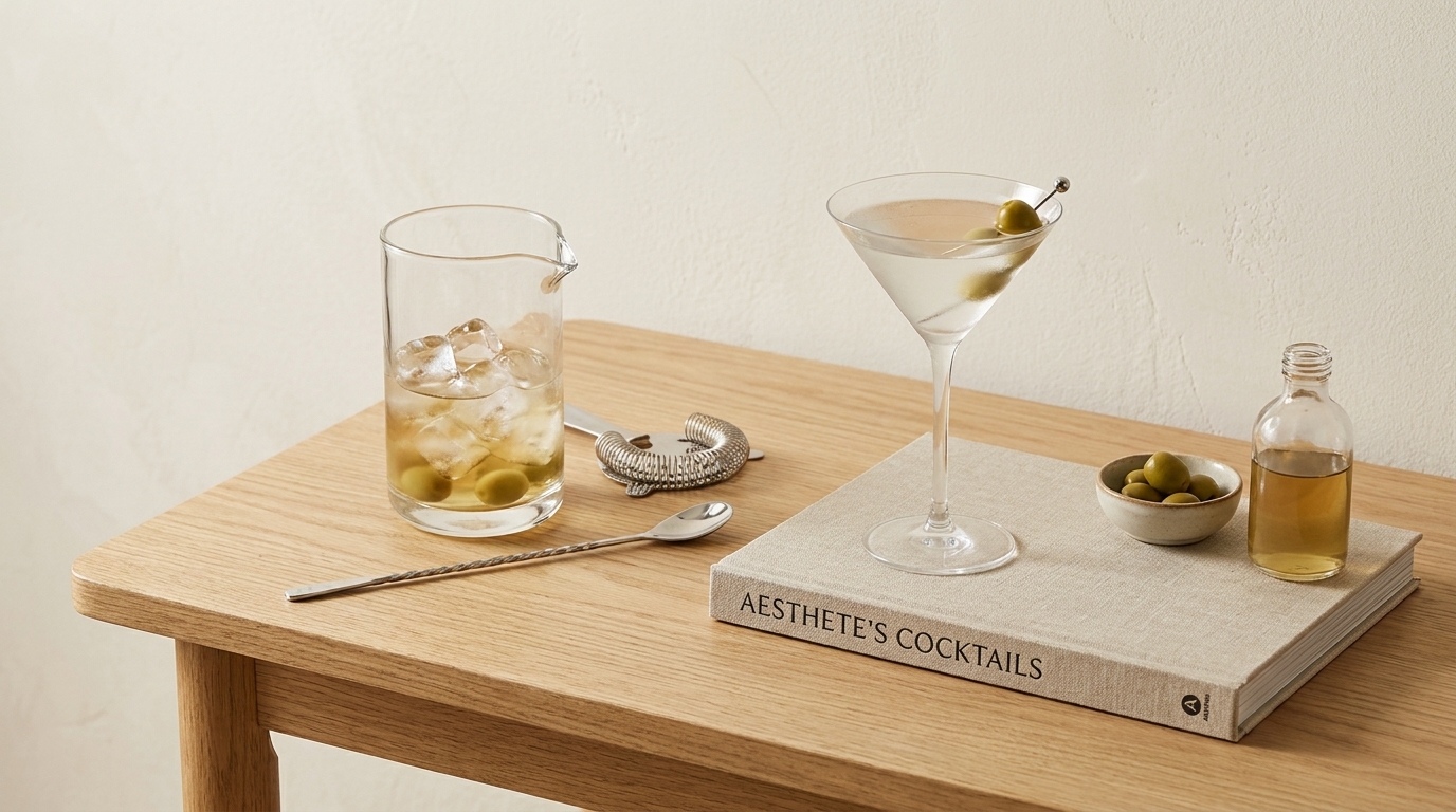 Stillleben: Martiniglas mit Olive, Rührglas mit Eis und Oliven, Barlöffel und Sieb, kleine Schale Oliven, Fläschchen und Buch "Aesthete's Cocktails" auf hellem Holztisch.