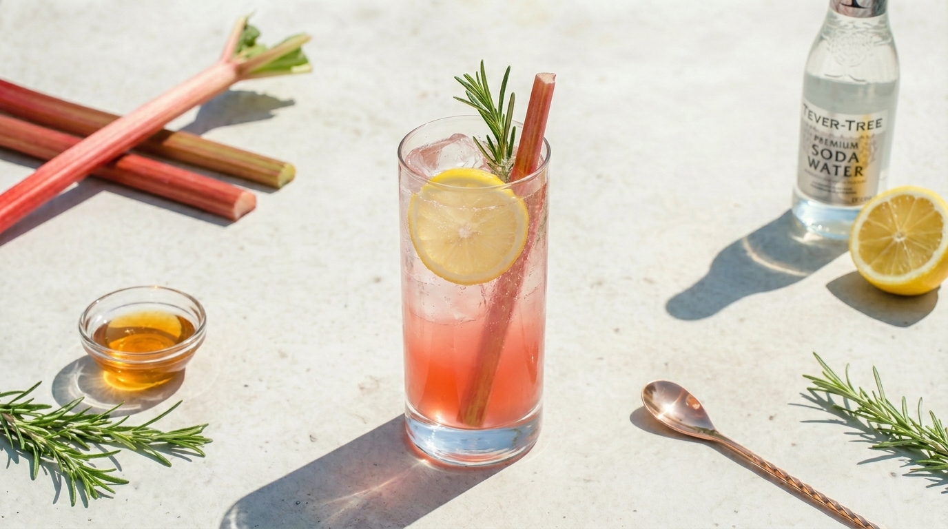 Glas mit rosa Rhabarber-Cocktail auf hellem Untergrund, garniert mit Zitronenscheibe, Rosmarinzweig und Rhabarberstange.