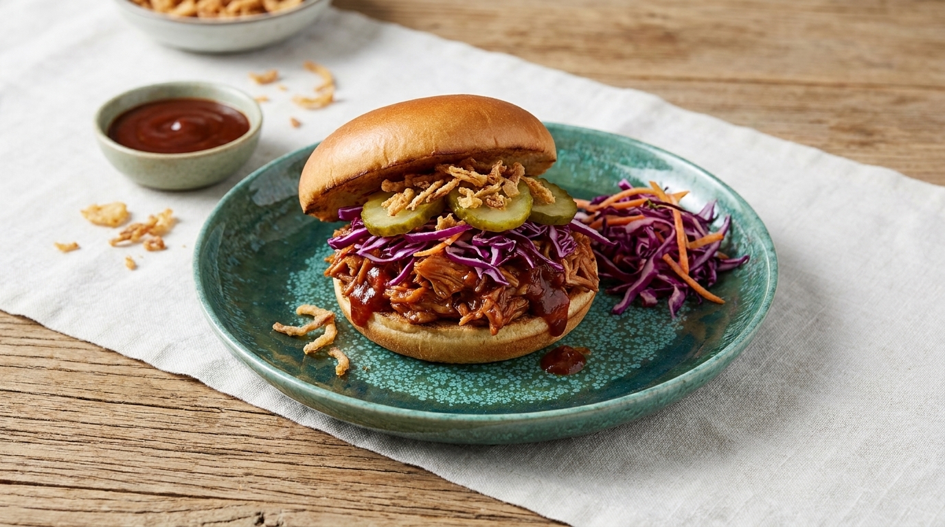 Pulled-Pork-Burger mit Barbecue-Soße, Gewürzgurken und knusprigen Röstzwiebeln, dazu Rotkohlsalat auf einem grünen Teller.