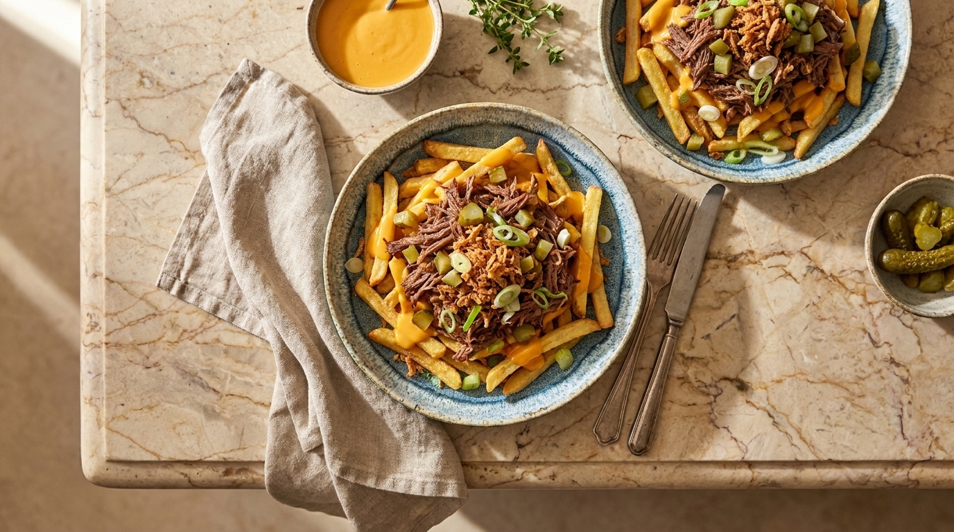 Zwei Schalen mit Pommes Frites, belegt mit würzigem Hackfleisch, geschmolzenem Käse und gehackten Frühlingszwiebeln.