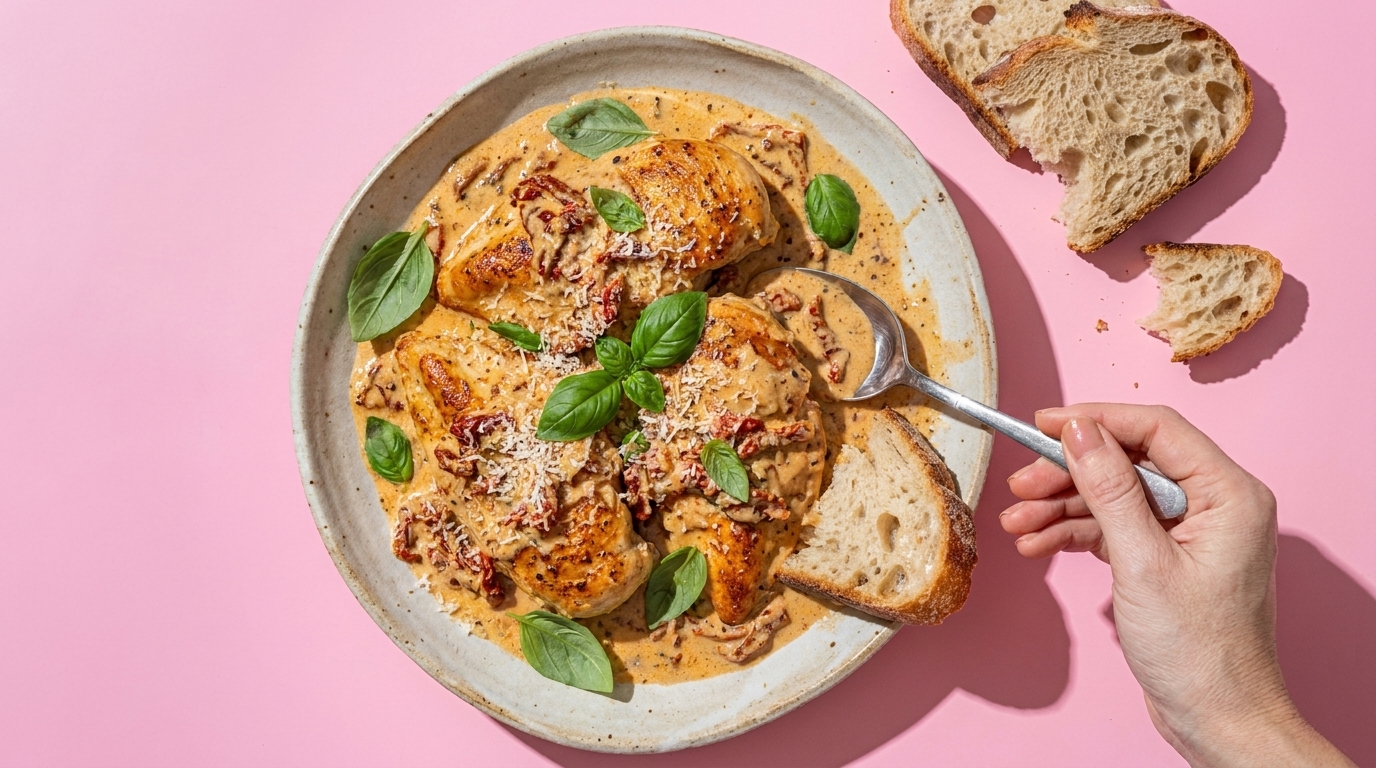 Teller mit gebratenen Hähnchenfilets in cremiger Tomaten‑Basilikum‑Sauce, garniert mit Basilikum und geriebenem Käse; daneben rustikales Brot, eine Hand taucht ein Brotstück in die Sauce.