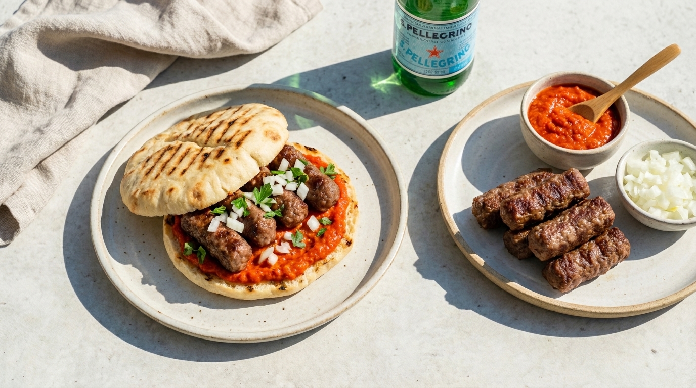 Teller mit gegrillten Cevapcici in Fladenbrot, roter Tomaten‑/Paprikasoße und gehackten Zwiebeln; daneben weitere gegrillte Hackfleischröllchen sowie Schälchen mit Sauce und gehackten Zwiebeln.