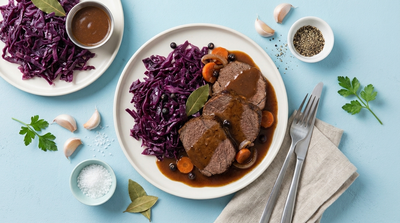 Teller mit drei Scheiben Braten in dunkler Sauce, serviert mit Rotkohl und Karottenscheiben.