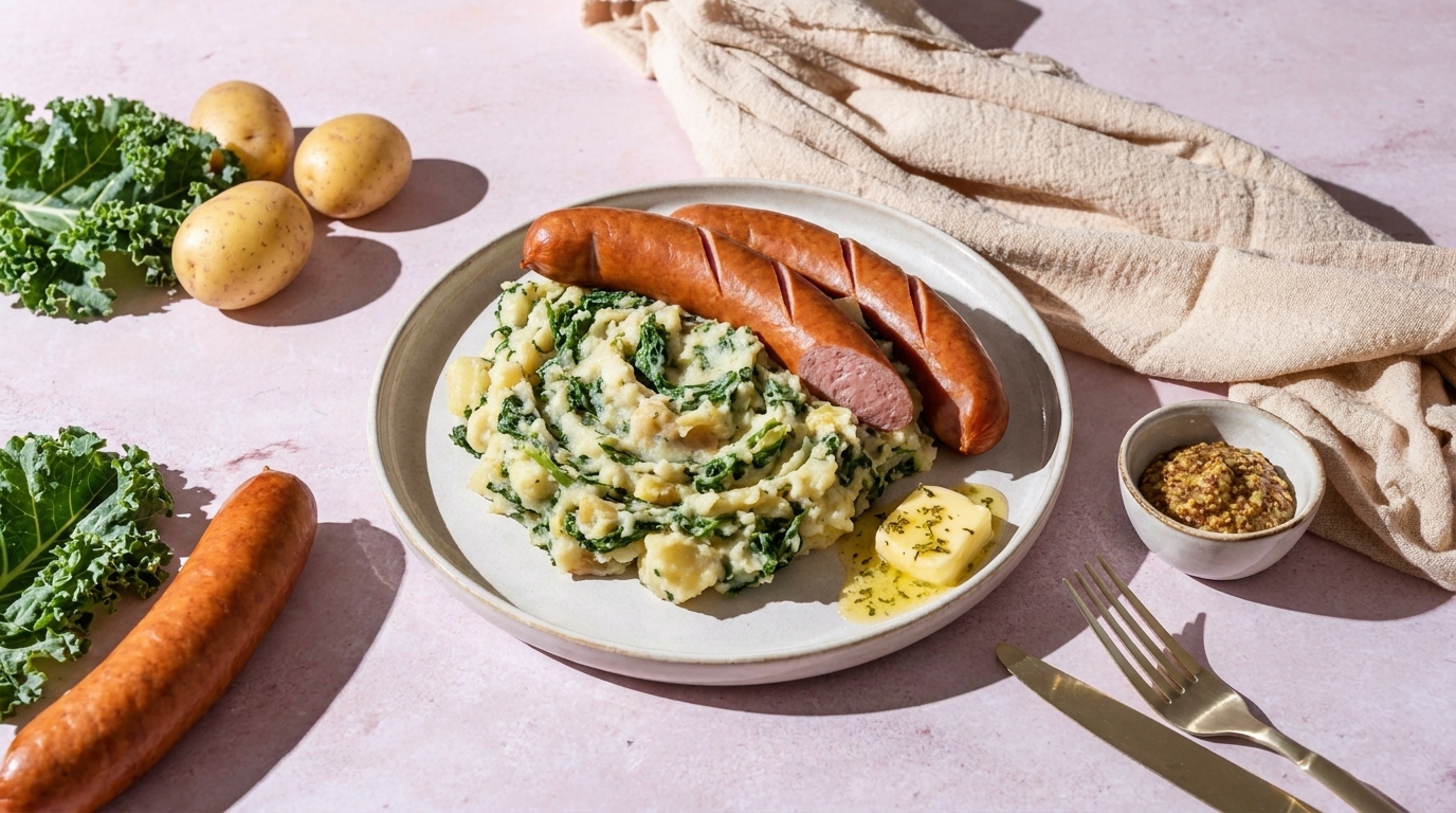 Teller mit Kartoffel-Grünkohl-Püree, daneben gegrillte Bratwurst (längs eingeschnitten), ein Stück Butter und grobkörniger Senf.
