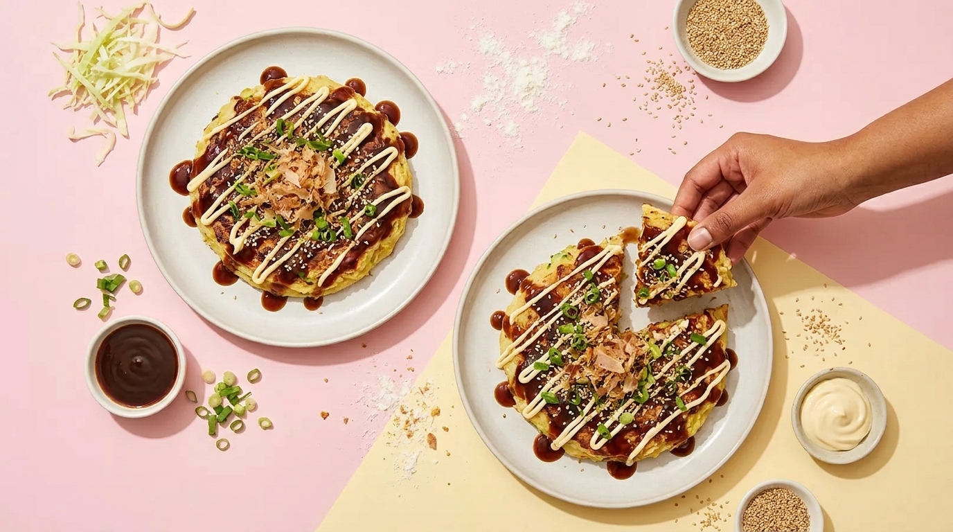 Zwei Teller mit Okonomiyaki, garniert mit dunkler Sauce, Mayonnaise, Frühlingszwiebeln und Bonitoflocken; eine Hand nimmt ein Stück.