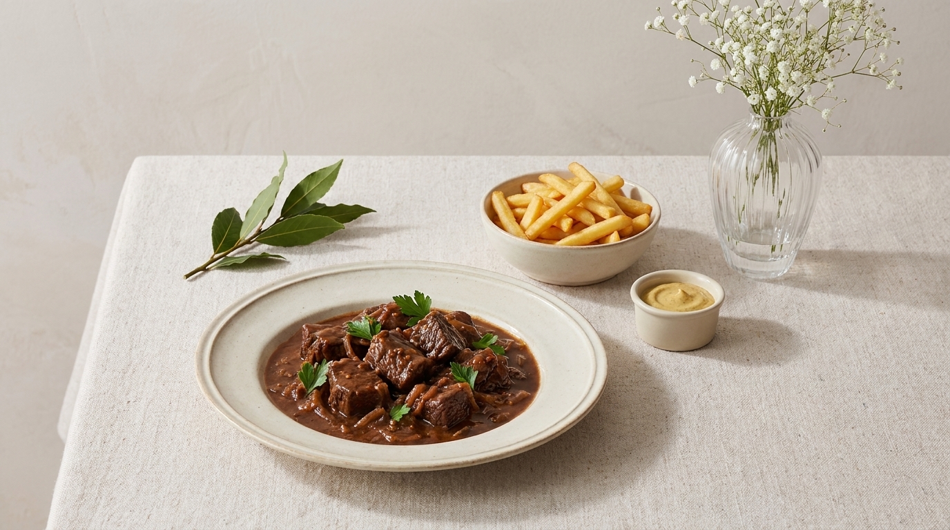 Teller mit Rindergulasch in dunkler Sauce, garniert mit Petersilie; daneben eine Schale Pommes frites und ein kleiner Dip.