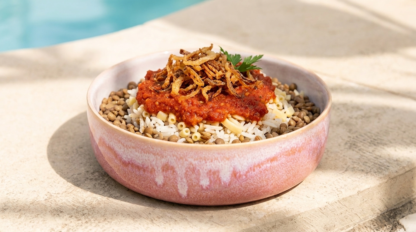 Schale mit Linsen und kleinen Nudeln, darüber würzige Tomatensauce, knusprig gebratene Zwiebeln und ein Petersilienzweig als Garnitur.