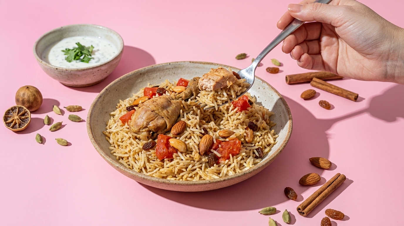 Schale mit gewürztem Reis und Hähnchen, angereichert mit Mandeln, Rosinen und Tomatenstücken; daneben eine Schale Joghurt-Dip, eine Hand hält eine Gabel mit Reis.