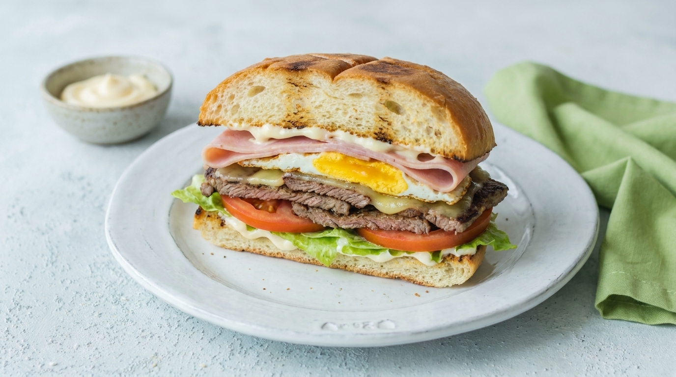 Ciabatta-Sandwich mit knackigem Salat, Tomatenscheiben, dünn geschnittenem Rindfleisch, geschmolzenem Käse, Spiegelei und Schinken.