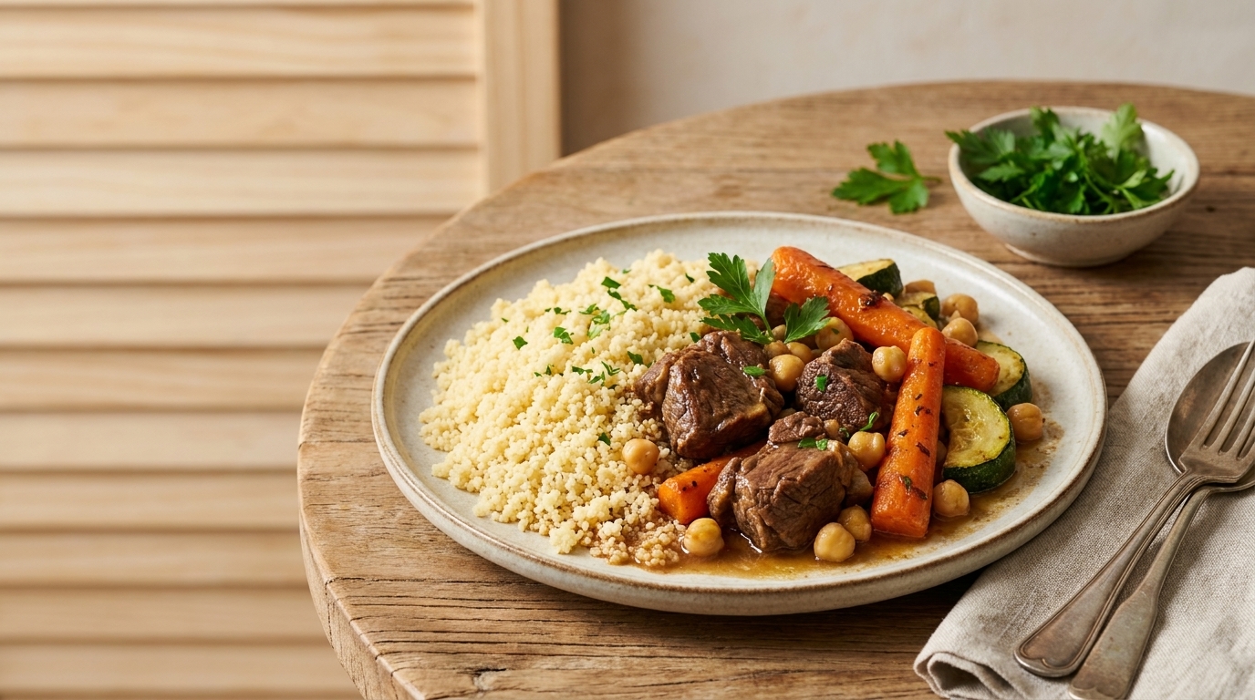 Teller mit Couscous und Rindfleisch-Gemüseeintopf: zarte Rindfleischstücke mit Karotten, Zucchini und Kichererbsen in würziger Sauce, mit frischer Petersilie garniert.