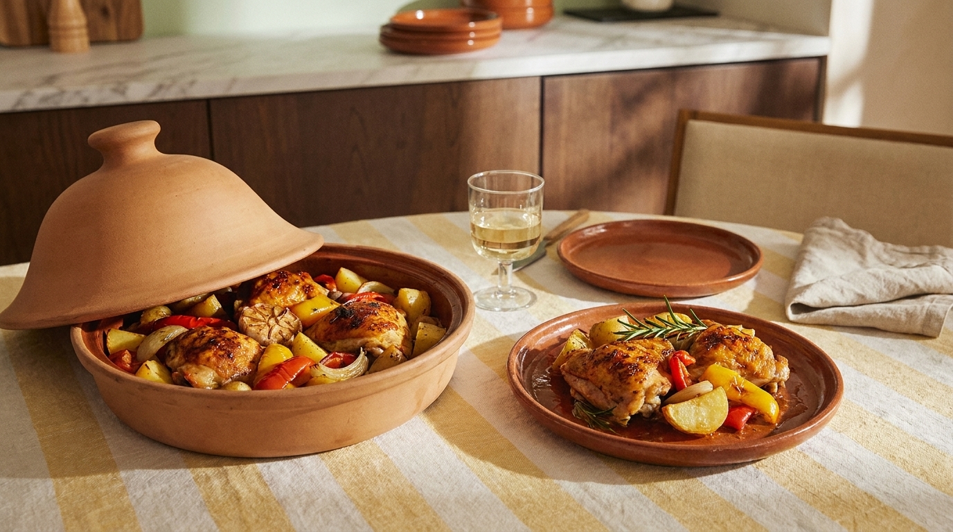 Keramischer Tagine-Topf mit gebackenen Hähnchenschenkeln, Kartoffel- und Gemüsestücken; daneben ein Teller mit einer Portion und ein Glas Weißwein auf einem gedeckten Tisch.