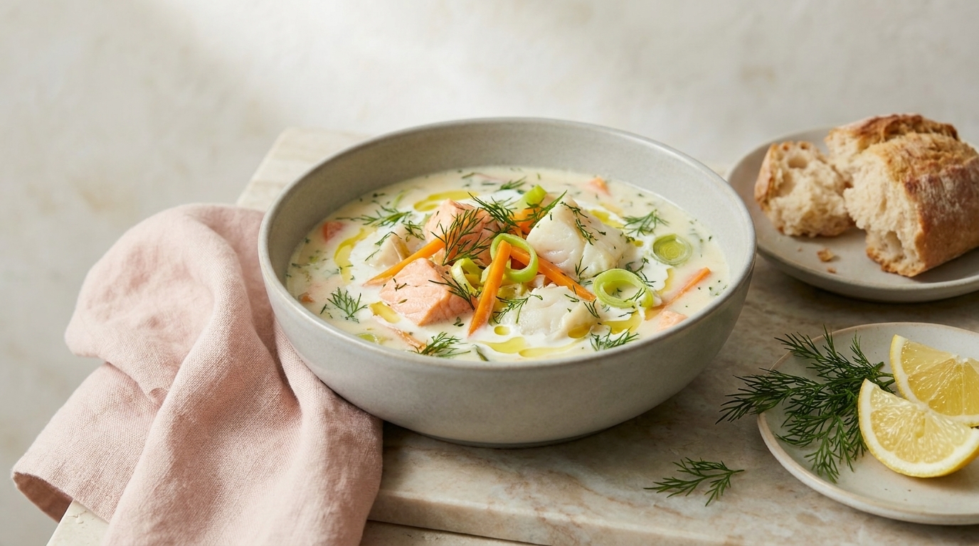 Schale mit cremiger Fischsuppe, darin Stücke von Lachs, Kartoffeln, Lauch und Karotten, garniert mit frischem Dill; dazu Zitronenscheiben und ein Stück knuspriges Brot.
