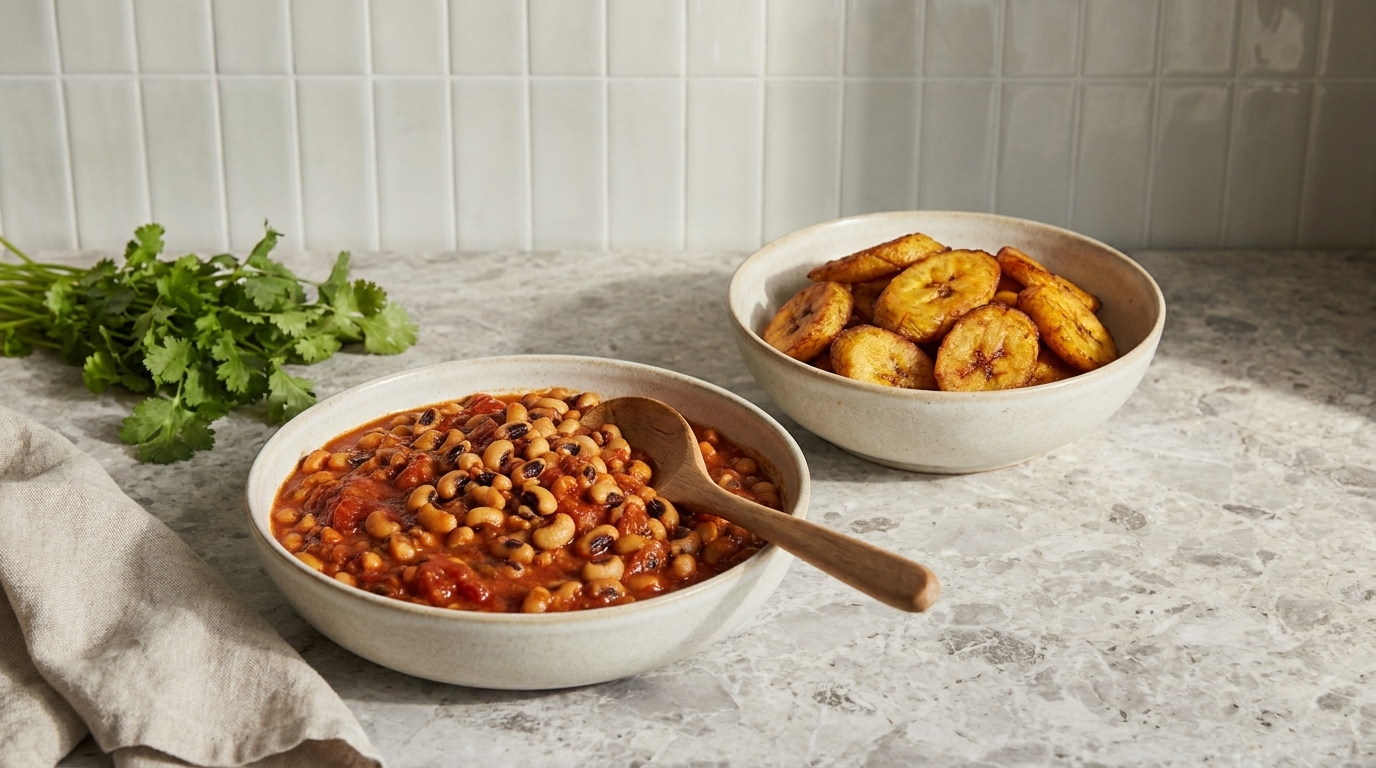 Zwei helle Keramikschalen auf einer Arbeitsfläche: vorn geschmorte Schwarzaugenbohnen in Tomatensauce mit Holzlöffel, hinten goldbraune frittierte Kochbananenscheiben; frische Kräuter liegen daneben.