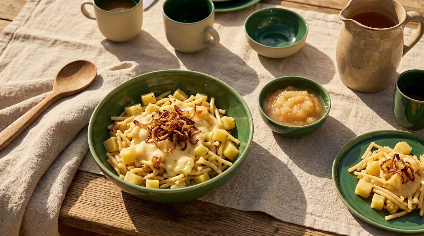 Schüssel mit Käsespätzle: Spätzle mit geschmolzenem Käse und Röstzwiebeln, daneben kleine Schale Apfelmus.