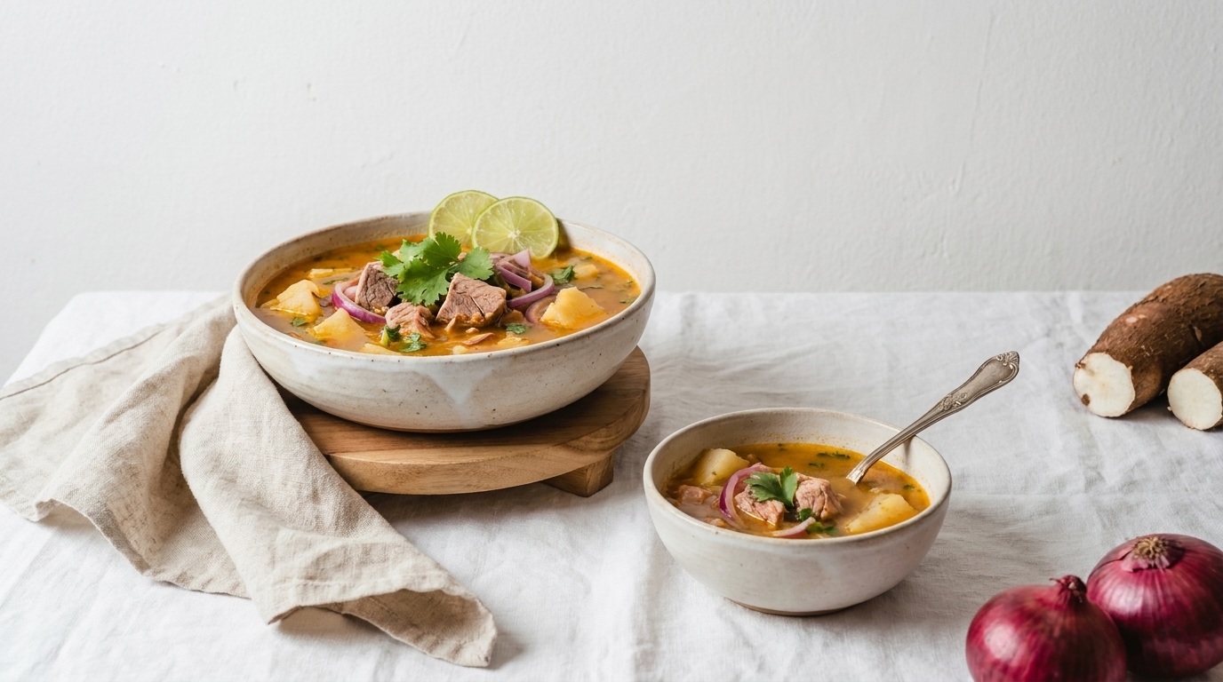Zwei Schalen mit herzhafter Suppe aus Brühe, Fleisch- und Kartoffelstücken, garniert mit Limettenscheiben und frischen Kräutern; eine Schale enthält einen Löffel.